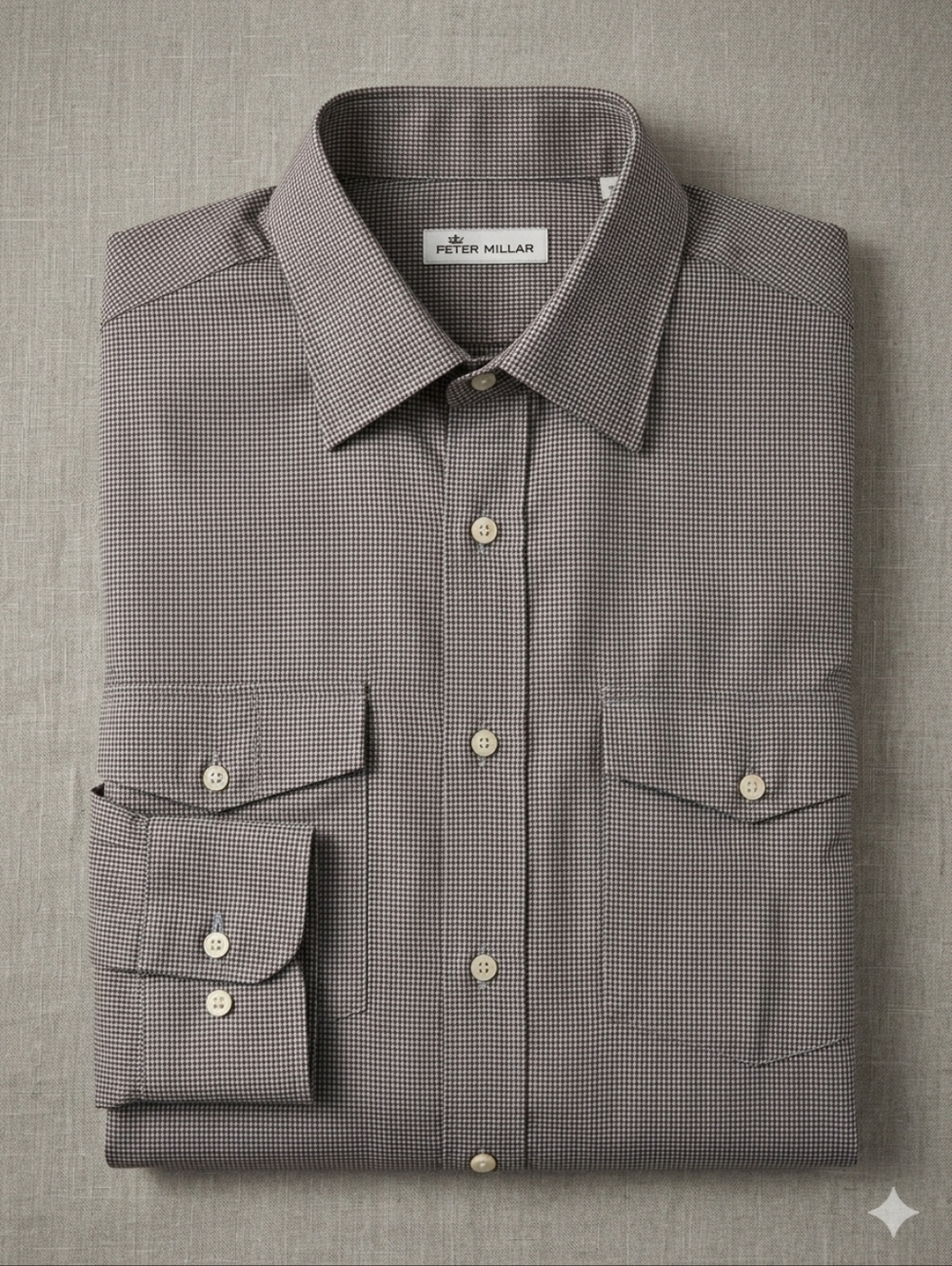 Peter Millar Mens Large Houndstooth Button Down Shirt Brown Blue Long Sleeve